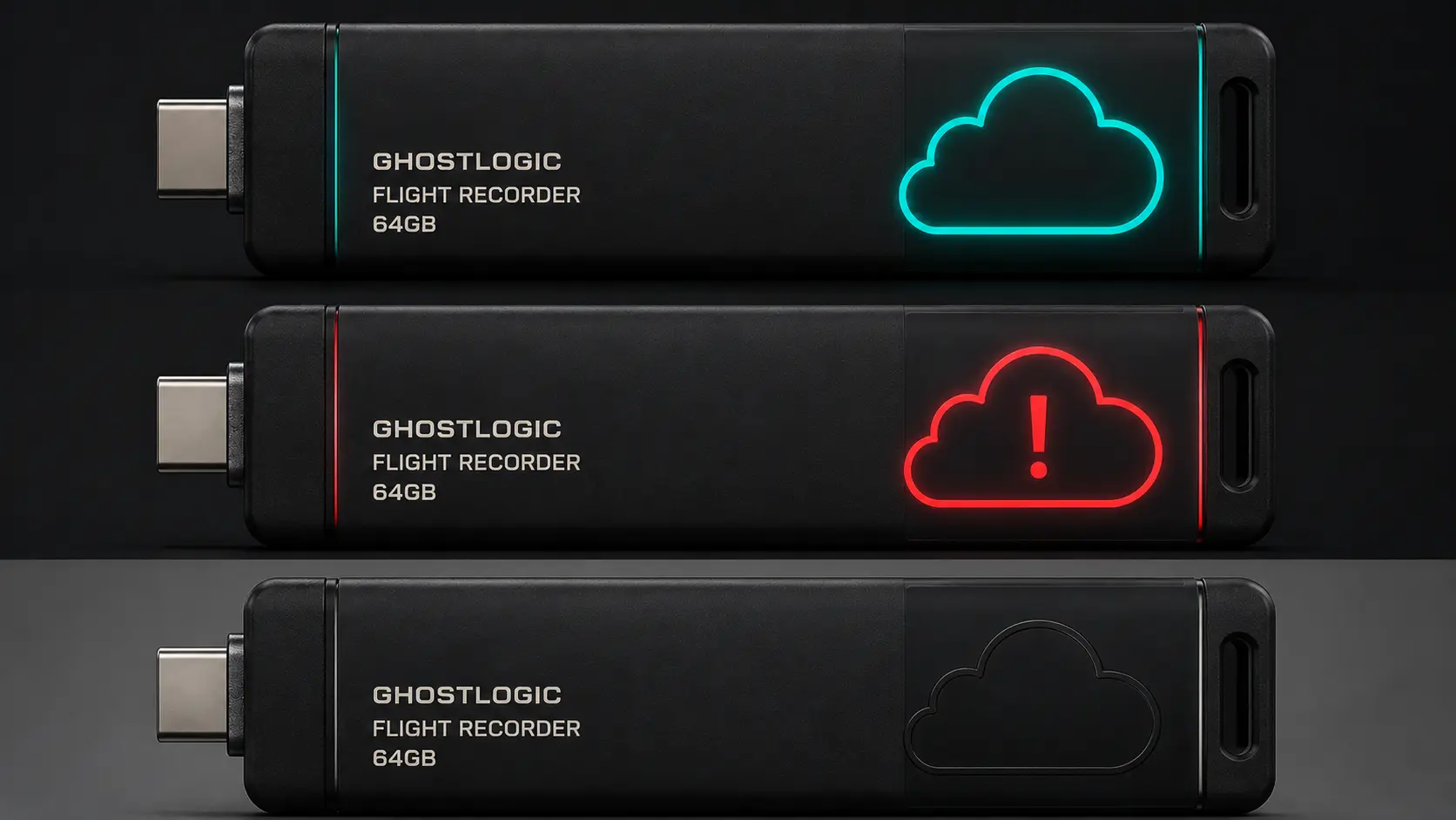 GhostLogic Flight Recorder shown in Trusted, Do Not Trust and off states